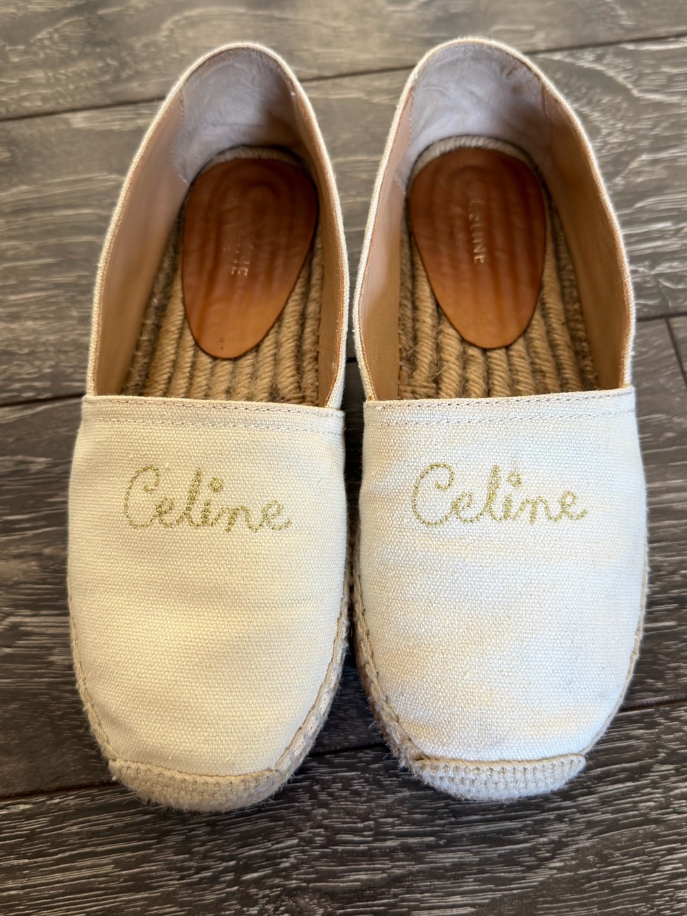 Celine Cream Canvas Espadrille Flats with Gold Logo Embroidery size 37 US 7